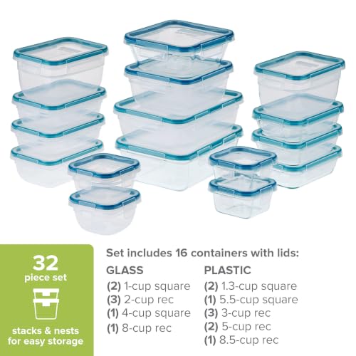 Glass & Plastic Food Storage Set 16-Pack Airtight Containers with Labels