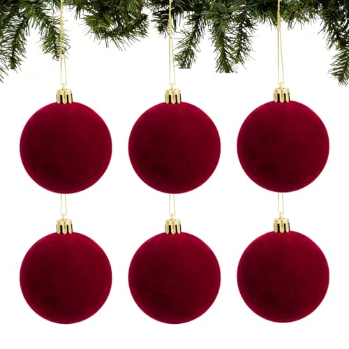 6pcs Velvet Christmas Balls 2.36 Inches Flocked Christmas Hanging Ornaments Ball Red Xmas Tree Velvet Balls for DIY Craft Projects Wedding Christmas Tree Home Decor