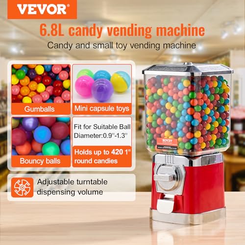 Red Gumball Machine for Kids - 17 Inch Candy Vending Dispenser with Coin Operation - Bouncy Balls & Capsule Toys