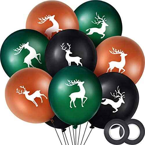 Elk Buck Deer Party Balloons Set, Includes 48 Pieces Woodland Latex Deer Balloon and 2 Rolls Black Band for Party Favor Supplies Decoration Lumberjack Camo