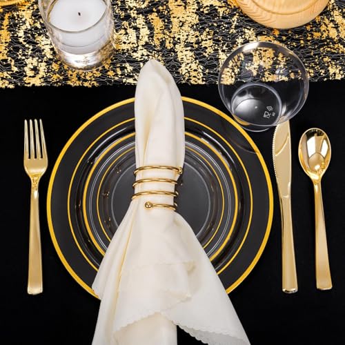 WELLIFE Clear Plates with Gold Trim 600-Piece Party Dinnerware Set - Service for 100, Includes Plates and Silverware, Variation: Clear Gold/600