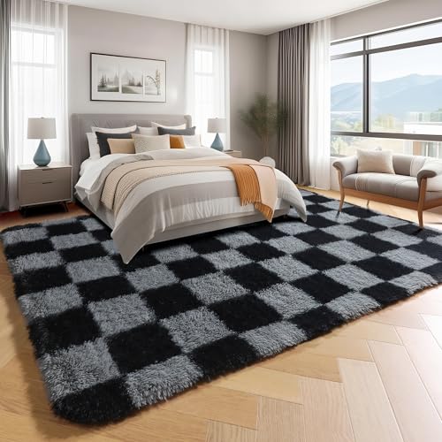 KICMOR 8x10 Black & Grey Checkered Shag Rug for Living Room & Bedroom