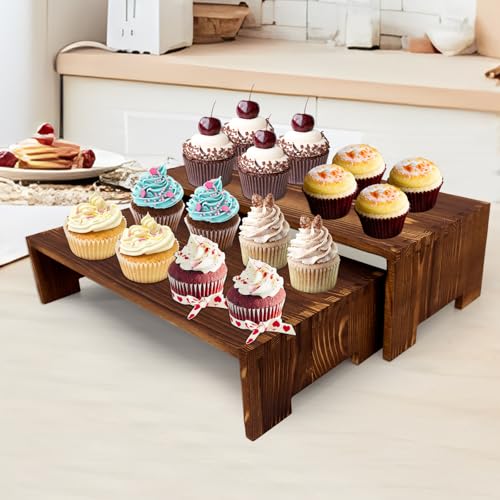 Large Wooden Display Risers Set - 2 Pack 2-Tier Cupcake & Dessert Stands, Rustic Brown