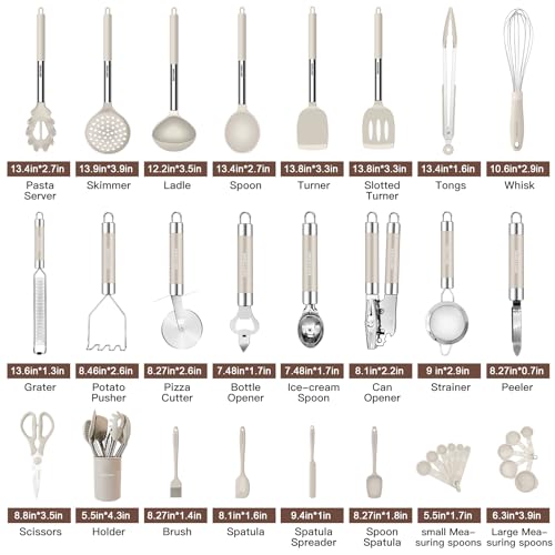 BESTZMWK Khaki Silicone Kitchen Utensil Set 33pcs Non-Stick Cookware with Stainless Steel Handles