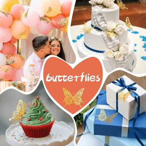 iinuu Gold Butterfly Wall Decor Stickers, 60pcs Golden Butterfly Birthday Party Decorations Butterfly Cake Decorations for Baby Shower Bday Wedding Christmas 3D Paper Butterflies Girls Bedroom Decor