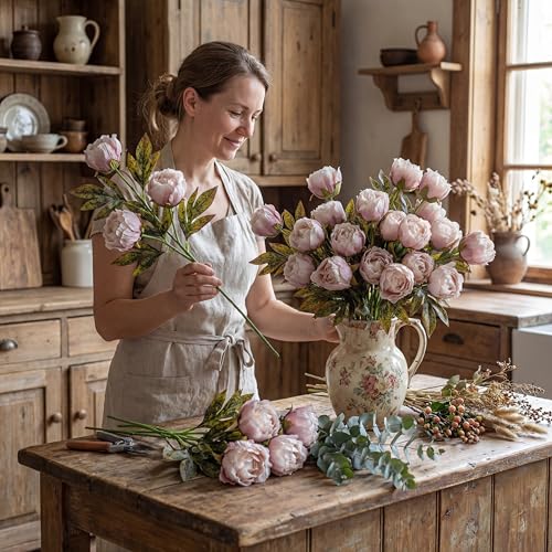Artificial Peony Flower Stems - Vintage Silk Faux Flowers for Vase Arrangement, 8 Pack - Brownish Variation