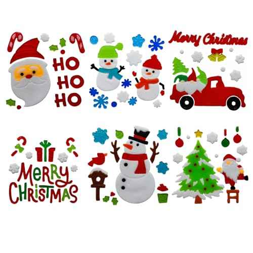 Gift&Fun Christmas Gel Window Clings,6 Pieces Set, Holiday Decorative Stickers with Santa, Snowman, Tree Designs, 7.9x7.9Inch (Christmas Window Gel Cling Snowman 6 Sheets)