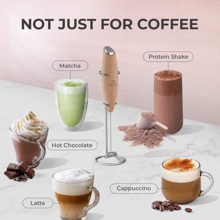 Zulay Kitchen Milk Frother Wand - Ultra Fast Electric Whisk for Coffee & Lattes | Includes 4 AA Duracell Batteries - Maple
