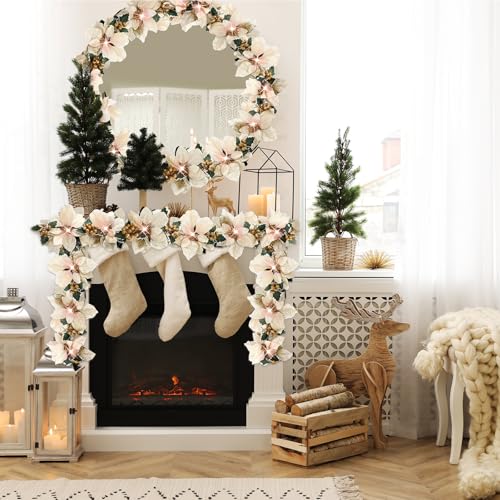 Zubebe Champagne Prelit Poinsettia Christmas Garland 6.5 ft with Remote & 8 Modes