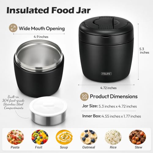Itslife 32oz Insulated Soup Thermos with Leakproof Wide Mouth & Spoon - Black / M