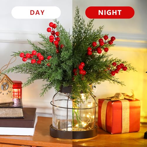 Knitgrip Christmas Norfolk Berries Picks with Glass Vase & LED Lights - 2 Set