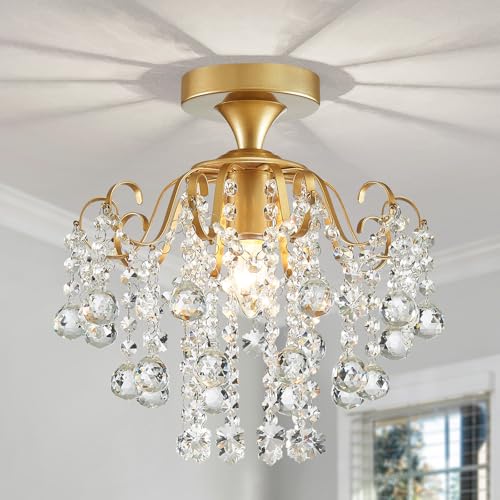 Gold Crystal Chandelier Flush Mount Ceiling Light Modern Bedroom Hallway Fixture