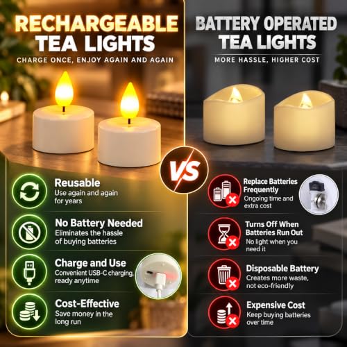 Rechargeable LED Tea Lights with Remote Control - 12 Votive Candles USB-C