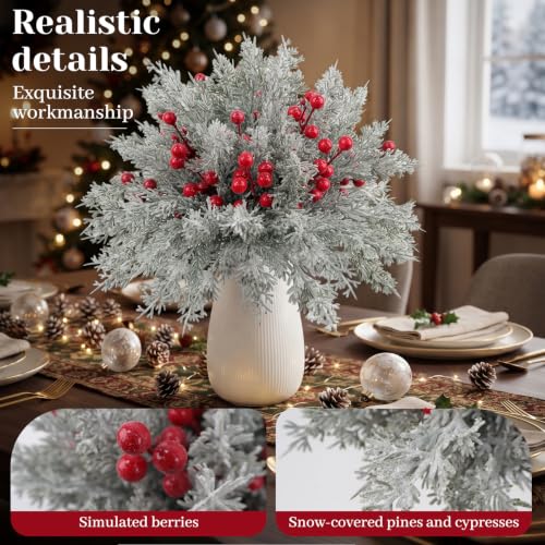 Snowy Green & Red Christmas Pine Branches with Berries - 60 Pcs Artificial Snow-Flocked Decor