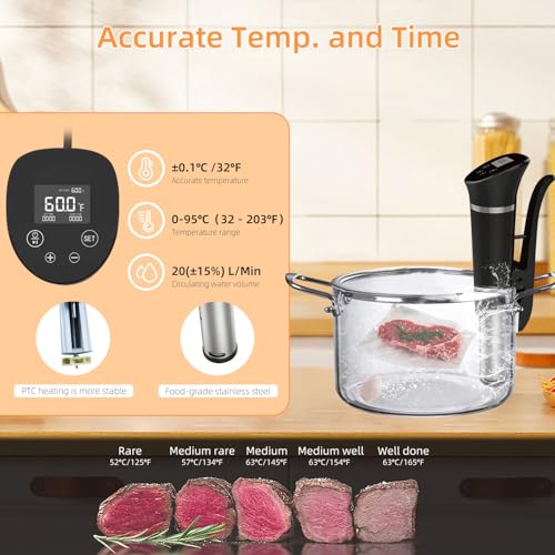 Gennov 1200W Sous Vide Cooker with Black Rotatable Head IPX7 Waterproof, Ultra Quiet, Precise Temperature Control
