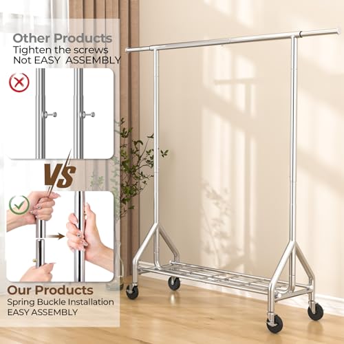 HYSEYY Silver Heavy Duty Clothes Rack | 450 LBS Capacity, Rolling Garment Stand with Shelves & Wheels