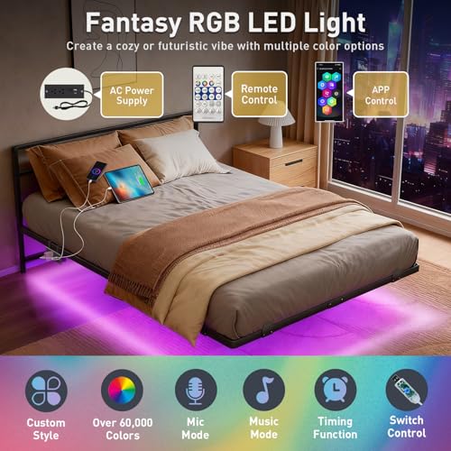 Queen Floating Bed Frame with Headboard, RGB LED Lights & USB Charging - 14 Inch