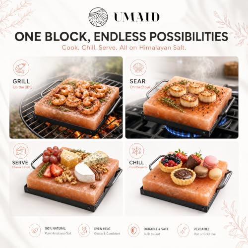 Himalayan Salt Block for Cooking Medium 8x8x1.5 - Food Grade Pink Salt Plate with Tray & Recipes