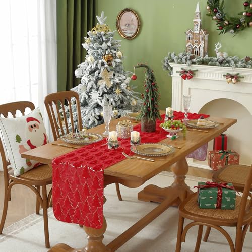 Christmas Tree Table Runner, 72 Inches Long Plush Gold Sequin Glitter Table Runners for Dining/Parties/Holiday Decorations (Red, 13" x 72", Table Runner)