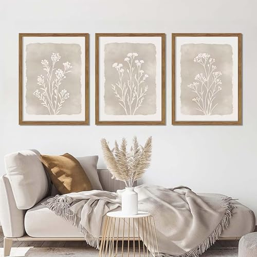 Gray Flowers Framed Botanical Wall Art Set of 3 - 16x24 Inch Rustic Floral Prints