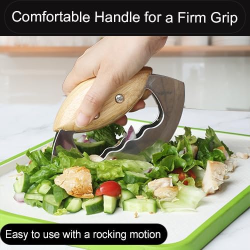 Jawanfu Salad Chopper, Ultra-sharp Salad Chopper Knife for Chopped Salad, Handheld Lettuce Chopper Kit for Salad Bowl, Wood Handle Salad Cutter, Stainelss Steel, Well Made (Double Blade)