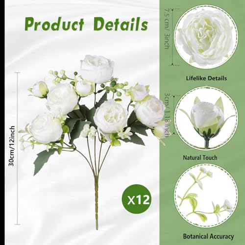 Artificial Peonies Flowers Bouquets - White, 12 Stems for Home & Wedding Decor - Variation of THIS listing