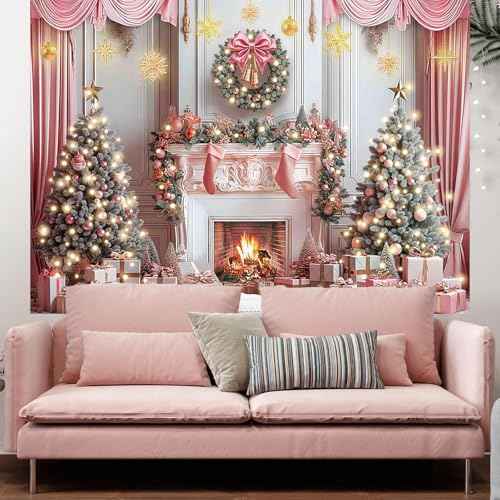 Pink Christmas Backdrop for Photography Pink Christmas Tree Fireplace Background for Winter Xmas Holiday Family Party Decoration Banner Photo Studio Props Pictures (7x5FT: 84x60 inch)