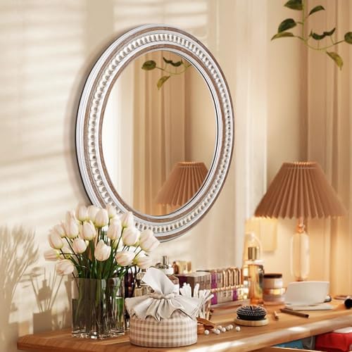 24 Inch Round Wooden Bathroom Mirror - Rustic Farmhouse Wall Decor - Style 1