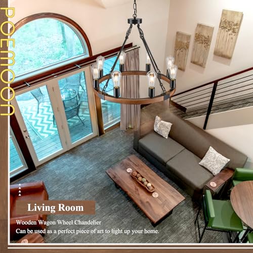 Farmhouse Wooden Wagon Wheel Chandelier 8-Light Fixture - Walnut, 23.6"