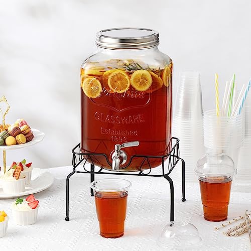 2 Gallon Glass Beverage Dispenser with Stand & Lid - Mason Jar Style, Stainless Steel Spigot