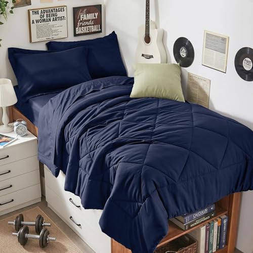 HEVUMYI 5-Piece Twin XL Comforter Set Navy Bed in a Bag - Soft Microfiber Bedding