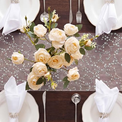 3 Pcs Silver Star Table Runners - Glitter Chiffon Organza 11x118in (28x300cm) Set
