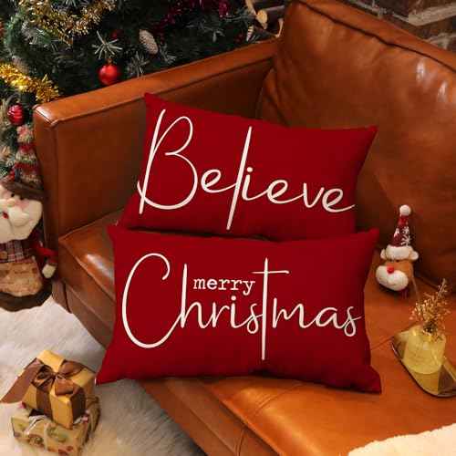 Christmas Throw Pillow Covers 12x20 Inch Merry Christmas Farmhouse Decorations Believe Holiday Decor Throw Cushion Case for Home Couch