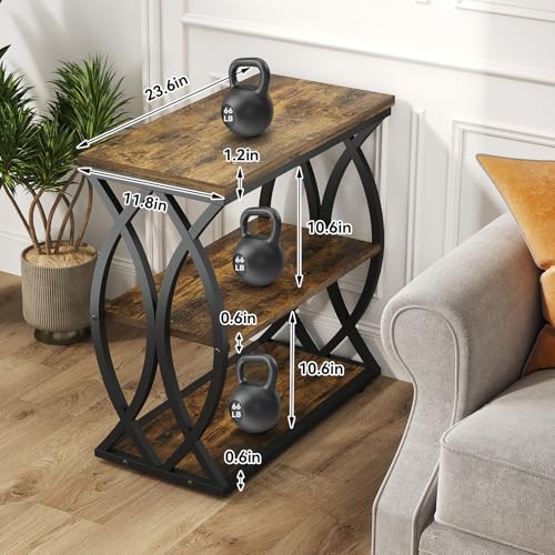 Narrow 3-Tier End Table with Rustic Brown Wood Top and Metal Frame for Small Spaces