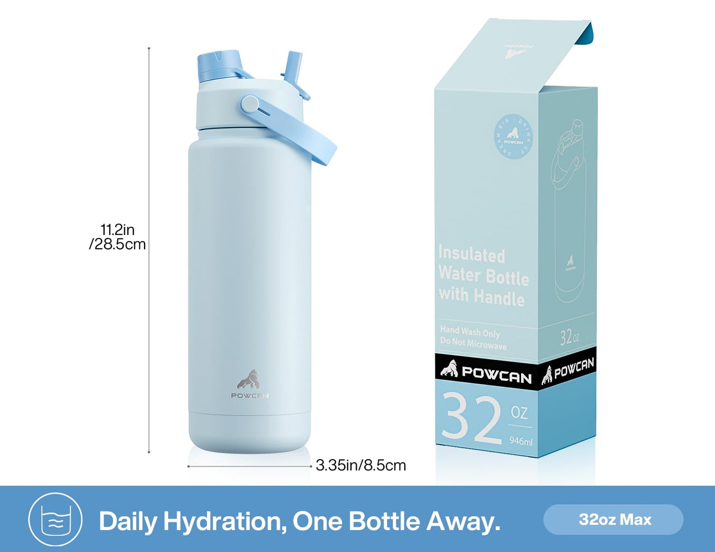 POWCAN 32 oz Insulated Water Bottle with 2-in-1 Straw and Spout Lid, Keep Cold 24H, Leak-Proof, BPA-Free, Double Wall Stainless Steel Water Bottle for Sports, Gym, Travel, and School (Sea Breeze)