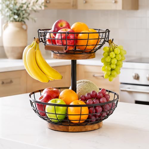 Round 2-Tier Fruit Basket with Banana Hanger, Metal & Wood Kitchen Organizer