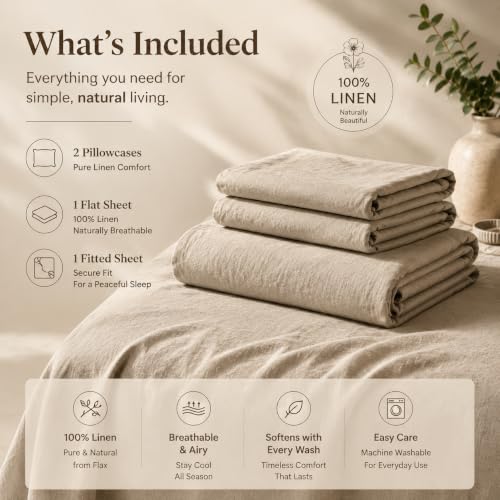 Queen Linen Sheets Set - 4Pcs 16-Inch Deep Pocket French Flax Linen
