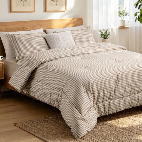 SunNewt Queen Comforter Set Tan Gingham 3 Pieces - Plush Bedding