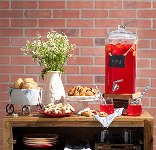 2 Gallon Glass Beverage Dispenser with Stainless Steel Spigot & Chalkboard Marker - Leakproof Drink Server for Parties & Home Use