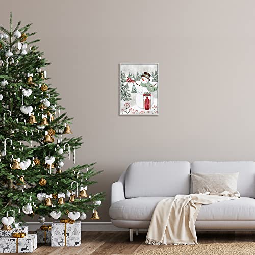 Stupell Cheerful Snowman Holly 16 x 20 Framed Giclée Print, Farmhouse Gray