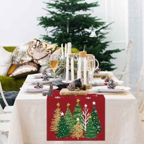 Christmas Table Runner 13x72 Inch, Red Snowflakes Pine Tree Table Decors for Seasonal Winter Xmas Holiday Home Kitchen Dining Party Indoor Outdoor