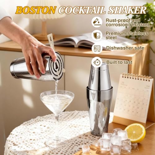 Silver Cocktail Shaker Set - 15-Piece Bartending Kit for Home & Bar