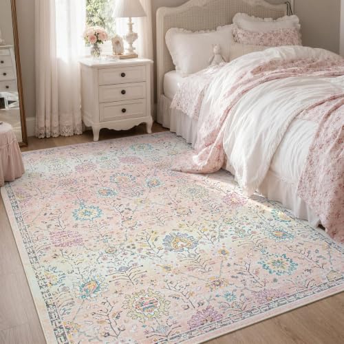 Pink Floral Rug for Girls Bedroom 5x7 - Soft Washable Dorm Carpet with Non-Slip Backing, Light Pink Variation