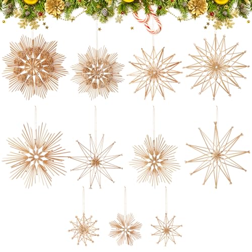 Gerrii 11 Pcs Straw Snowflake Ornaments Christmas Tree Set with LED Lights