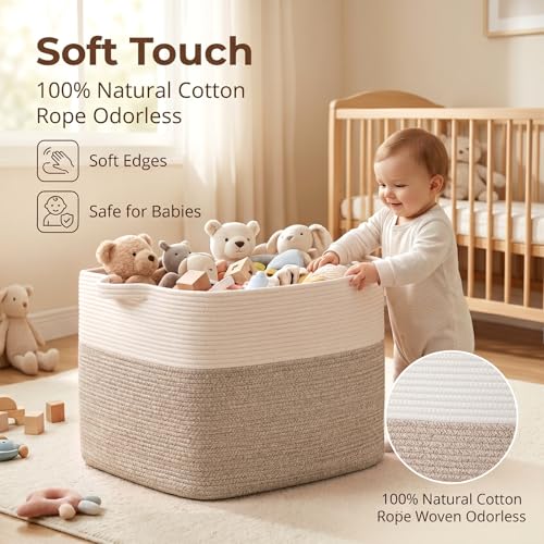 Cotton Rope Storage Basket 108L for Living Room & Bedroom - Brown & White