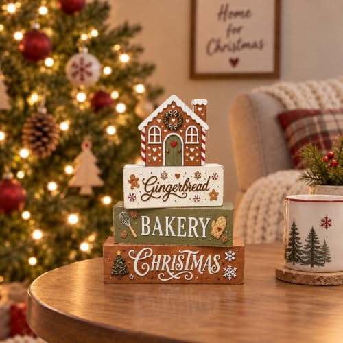 Gingerbread Tiered Tray Decor – Wooden Blocking Set for Festive Farmhouse Display