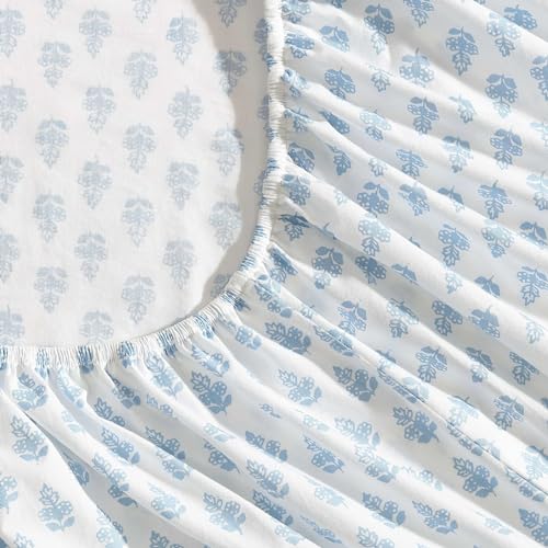 Full Size Floral Block Print Cotton Sheet Set with Deep Pocket Fitted Sheet - Francesca Blue