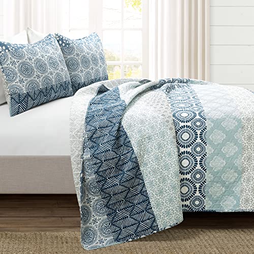 Reversible Cotton Quilt Set - Bohemian Stripe Bedding, Full/Queen, Navy & Blue - 3 Piece