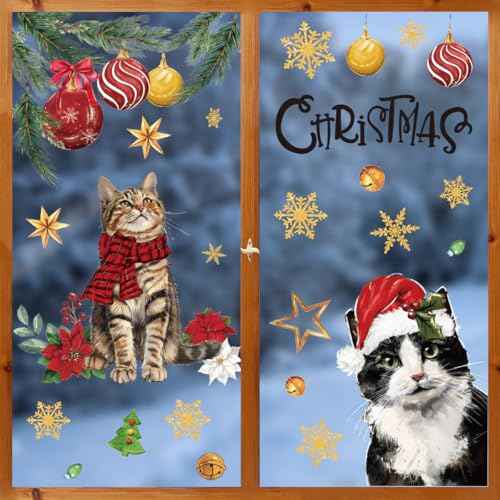 Horaldaily 100 PCS Christmas Window Cling Sticker, Xmas Bell Ball Ornaments Cat Snow for Home Party Supplies Shop Window Glass Display Decoration