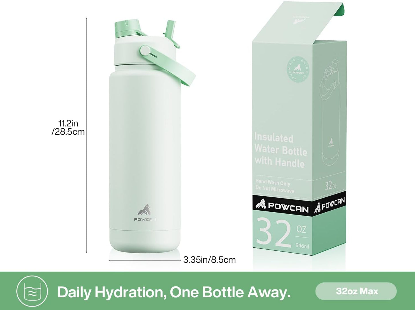 POWCAN 32 oz Insulated Water Bottle - 2-in-1 Straw & Spout Lid | Keeps Drinks Cold 24H, Leak-Proof, BPA-Free (Mint)